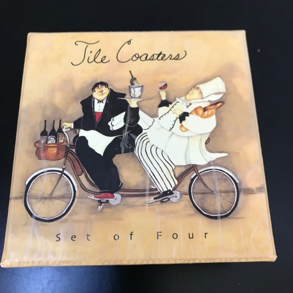 Jennifer Garant set of 4 Stone and Cork Coasters Fat Chef on Bicycle in box NWOT - Picture 2 of 4